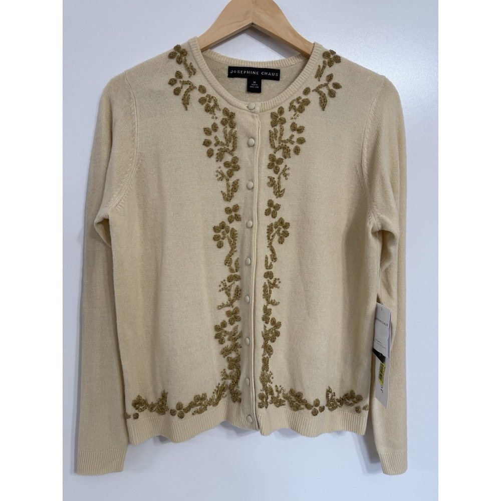 Josephine Chaus Sweater Cardigan‎ Beaded NWT Medium Classic Luxury Cream Ivory